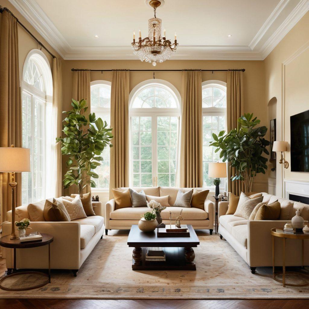 A beautifully designed living room showcasing exquisite interiors, featuring elegant furniture, stylish decor, and a touch of greenery. Soft lighting highlights the textures, while a cozy atmosphere invites relaxation and creativity. Incorporate modern and classic design elements blended harmoniously, with an emphasis on color coordination. super-realistic. vibrant colors. warm ambiance.