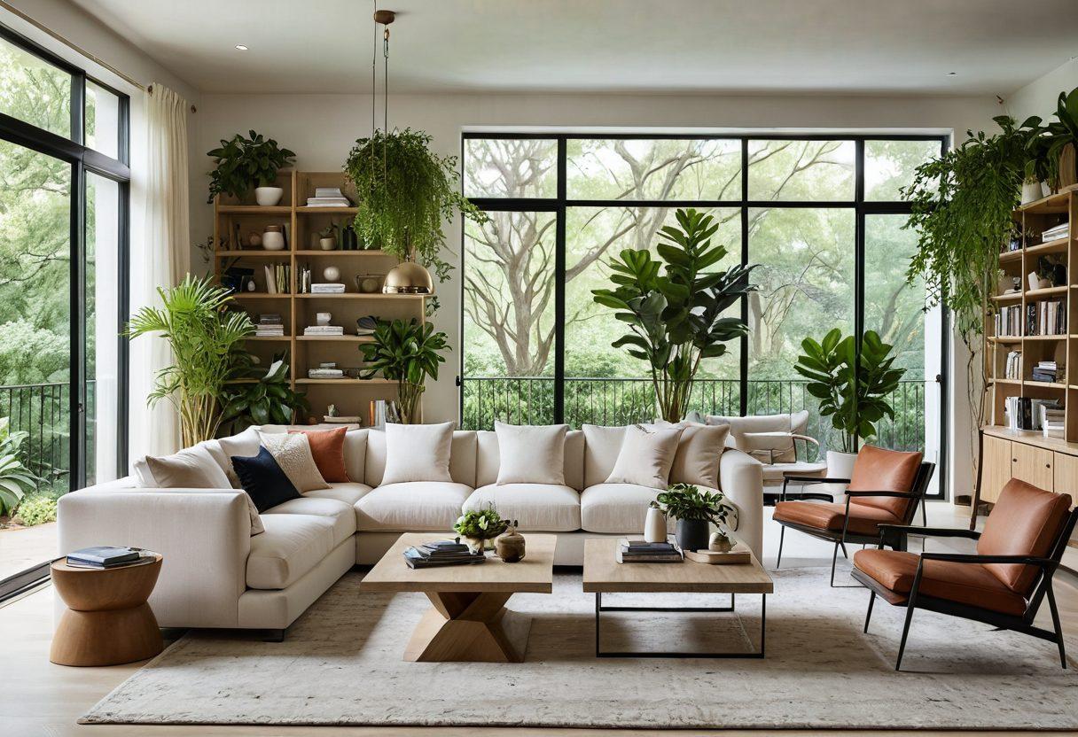 A chic and modern living room featuring elegant furniture, soft neutral tones, and artistic decor elements. Include lush indoor plants and a stylish bookshelf filled with curated items. Showcase ambient lighting that creates a warm atmosphere, and a large window revealing a serene outdoor view. The overall vibe should exude charm and sophistication, inviting viewers into a contemporary home environment. super-realistic. vibrant colors. minimalistic design.