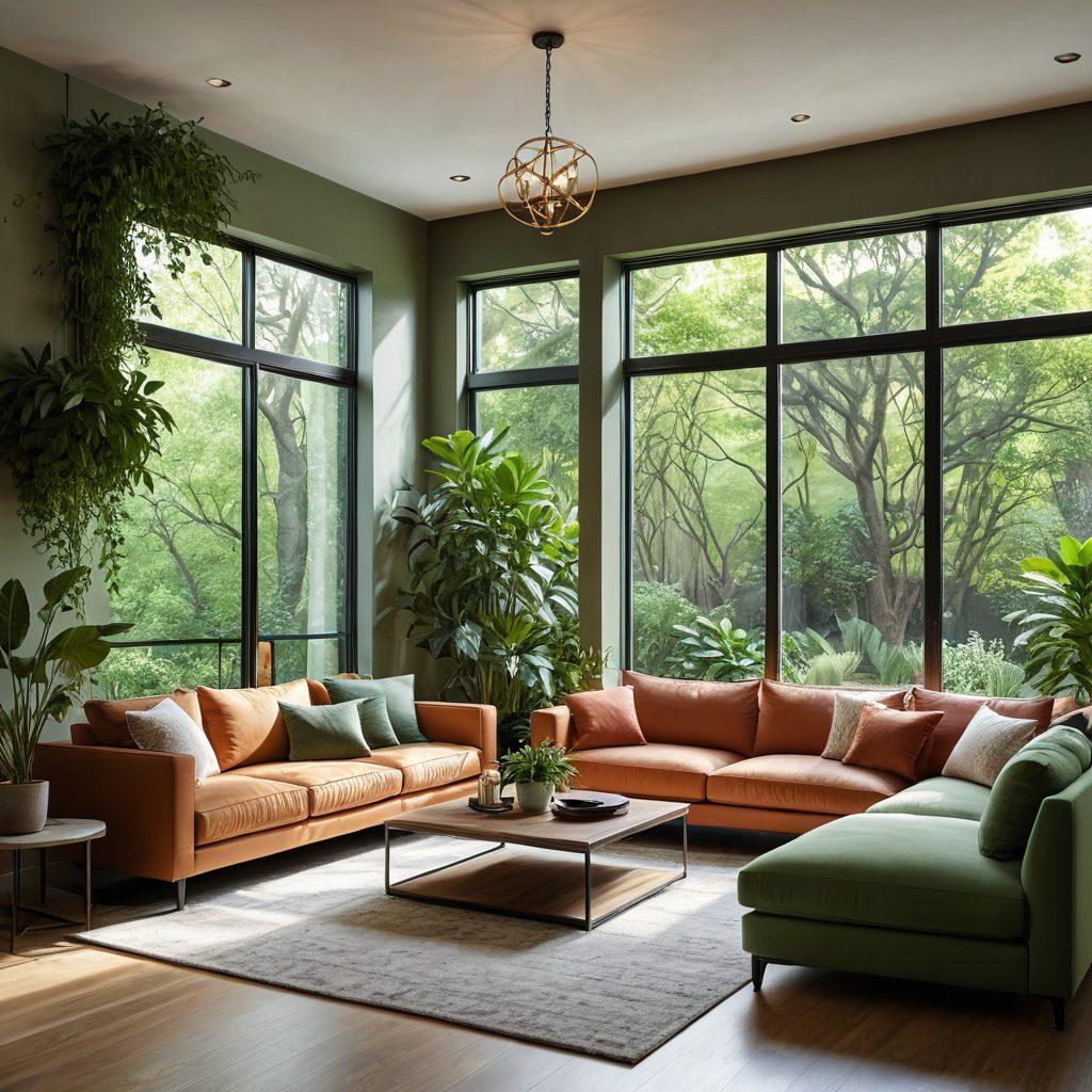 A cozy and stylish living room featuring innovative home enhancements like smart lighting and modular furniture, surrounded by plants for a fresh ambiance. Incorporate warm colors and textures, highlighting unique decor elements that reflect a personalized touch. A light-filled space with large windows overlooking a garden. super-realistic. vibrant colors. cozy atmosphere.